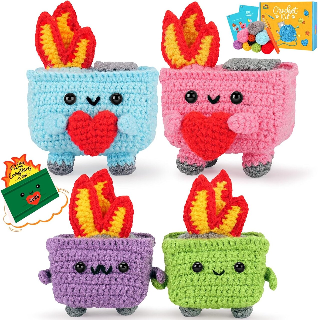 Crochet Kit for Beginners - 4PCS Dumpster Fire Complete Crochet Starter Kit with Step-by-Step Video Tutorials, Beginner Crochet Kits for Adults Kids Women, Funny Crochet Emotional Support Gifts